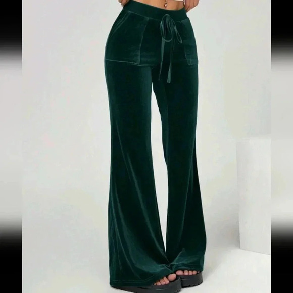 GREEN Velvet High Waisted Flare Elegant Pants For Women - Picture 4 of 5